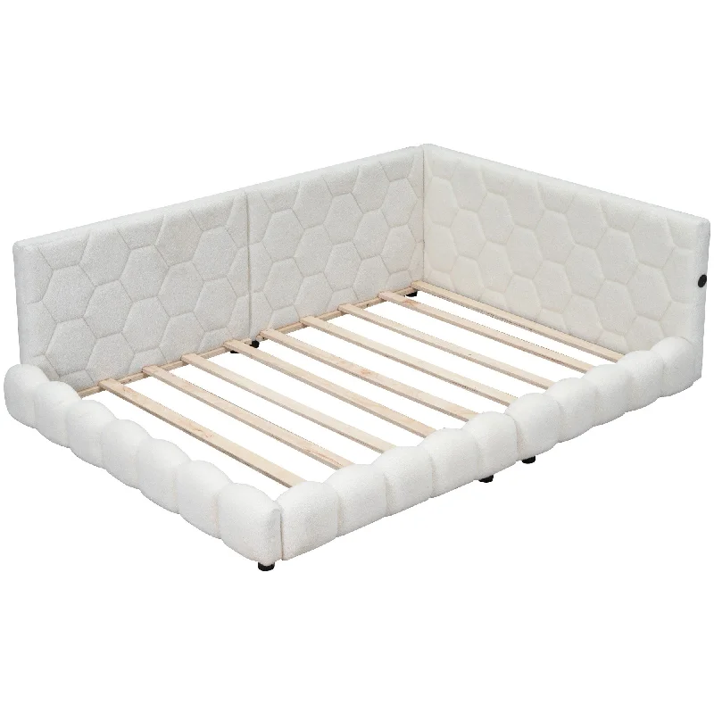 White Full SizeUpholstered Platform Bed with LED Lighting, USB Ports