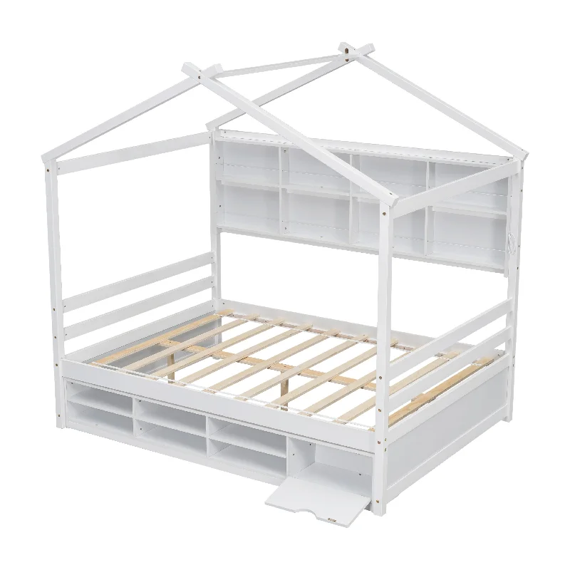 White House-Shaped Bed Playhouse Platform Daybed, Full Size Bed wMulti-Storage Shelves & Small Cabinet, Kids Roof Platform Bed