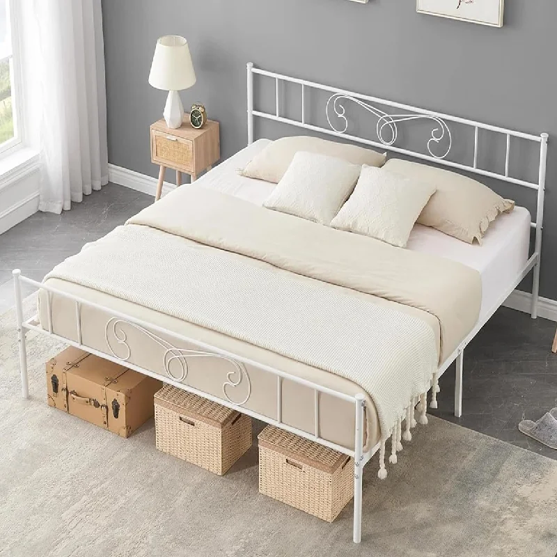 White King Size Metal Platform Bed Frame with Headboard and Footboard