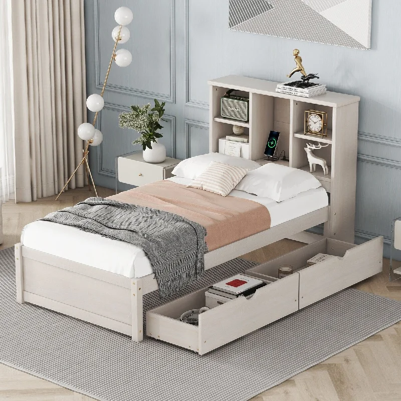 White Modern Twin Size Platform Bed Frame with Built-in USB Port on Bookcase Headboard and 2 Drawers