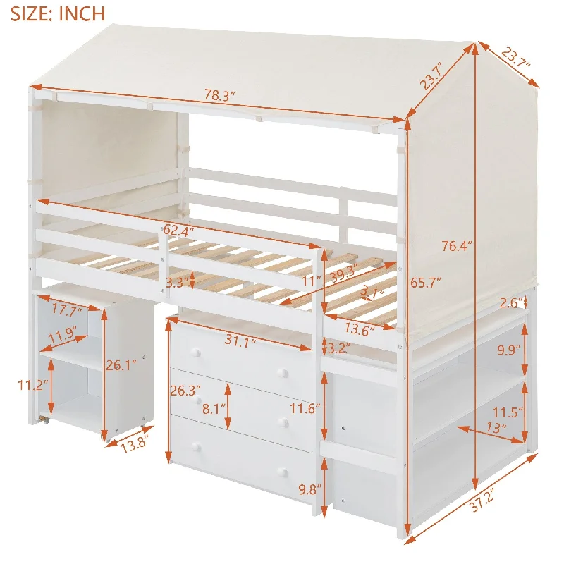 White Twin Size Loft Bed with Mobile Cabinet, Shelf, and Playful Tent