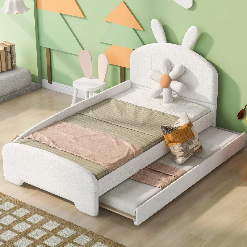 White Twin Size Platform Bed with Cartoon Ear Headboard and Trundle