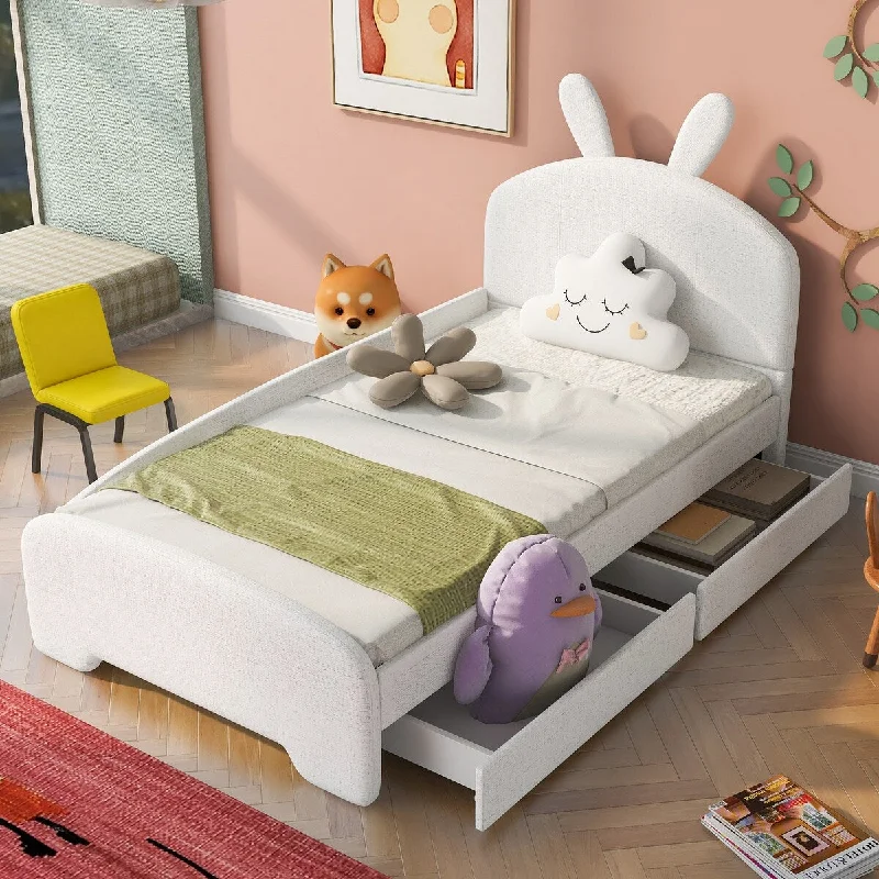 White Twin Size Upholstered Platform Bed with Cartoon Ears Shaped Headboard and 2 Drawers