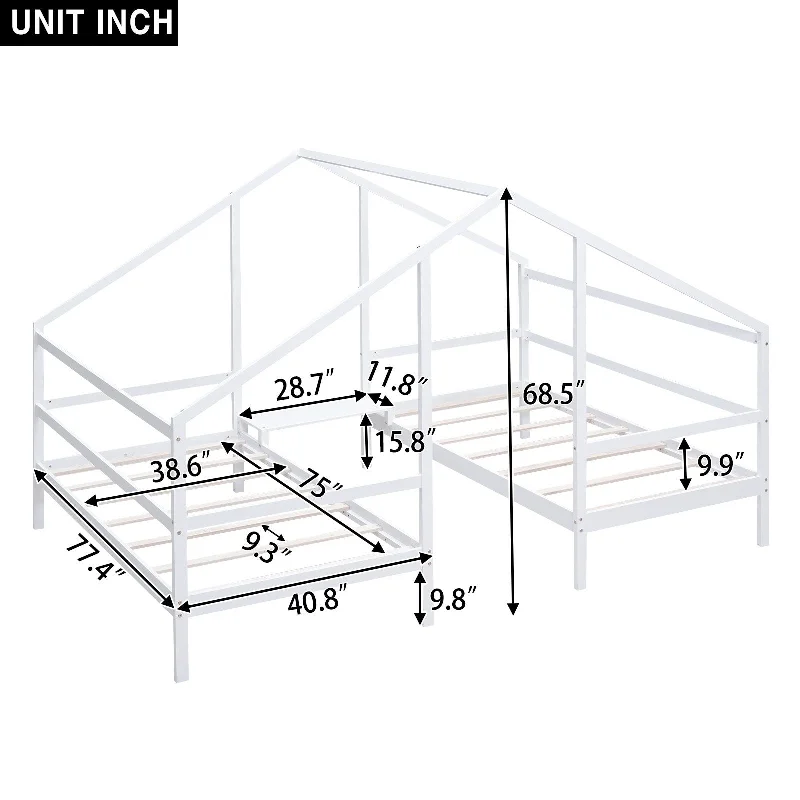 White Twin SizeDouble Triangular House Beds with Built-in Table - Modern Design