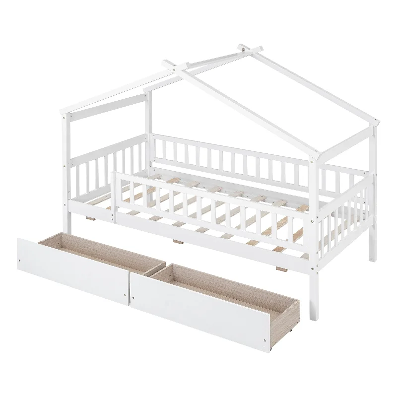 White Twin SizeWooden House Bed with Two Drawers,