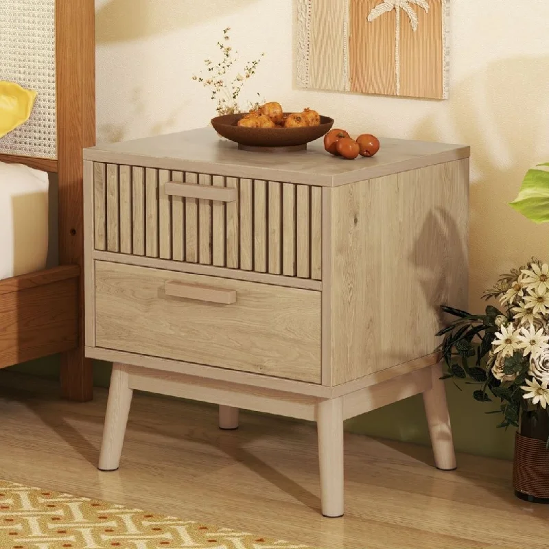 Wood 2 Drawers Nightstand Classic Fence Design Oak Storage Cabinet