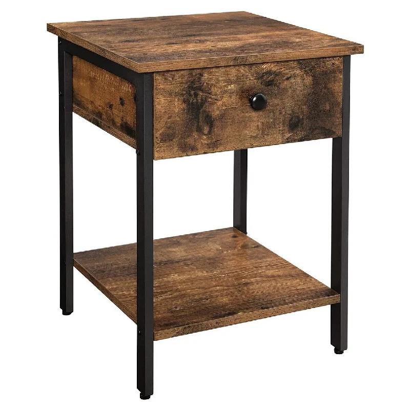 Wood and Metal Frame Nightstand with 1 Drawer and Shelf, Brown and Black