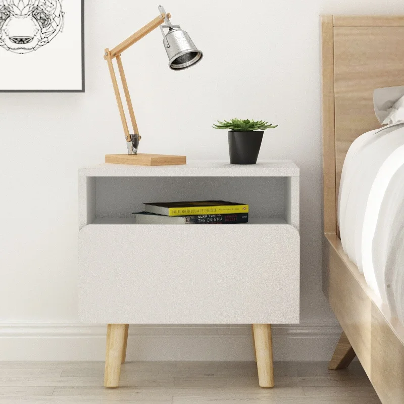 Wood Bedroom Storage Bedside Cabinet Nightstand in White