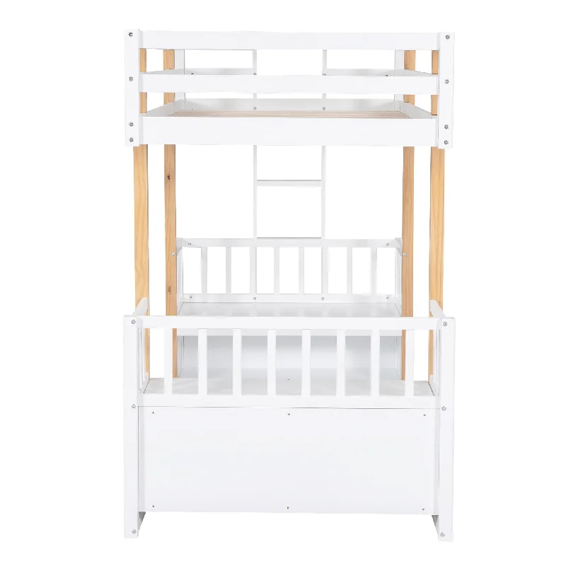 Wood Bunk Platform Bed with Storage Underneath, Twin Loft Bed w/ Seat & Desk, Can be Turn into Upper Bed & Down 2 Seats, White