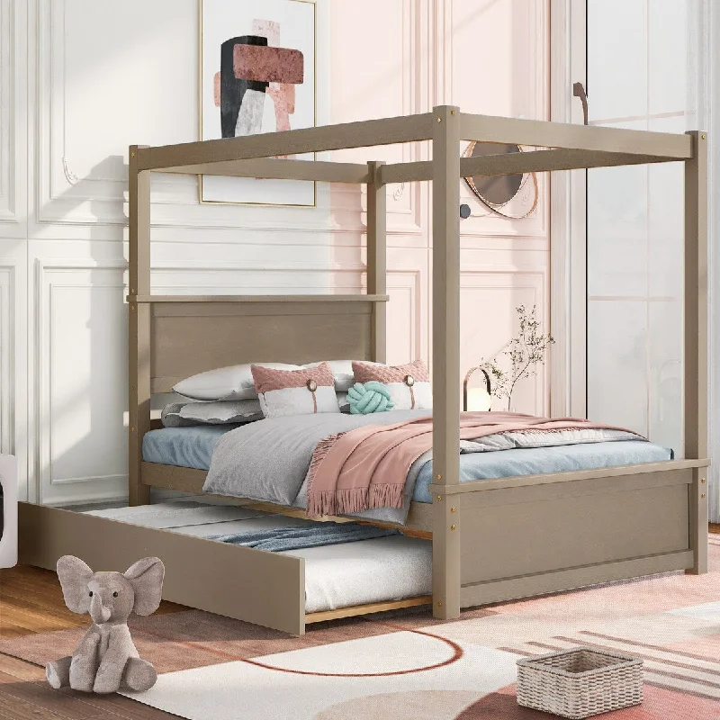 Wood Canopy Bed with Pull Out Trundle Bed, Full Size Canopy Platform Bed with Headboard and Footboard - No Box Spring Needed