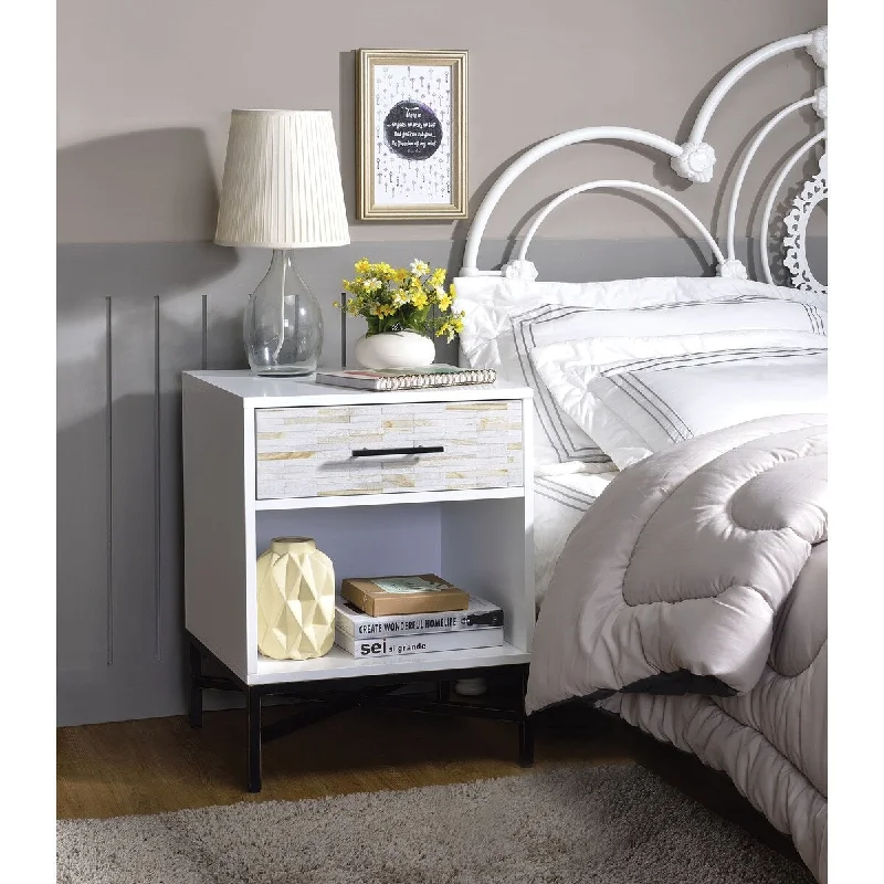 Wood & Metal Nightstand with One Drawer And One Open Shelf, White & Black