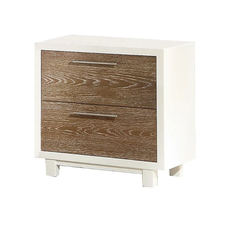 Wooden Nightstand with 2 Drawers and Metal Bar Handles, White and Brown