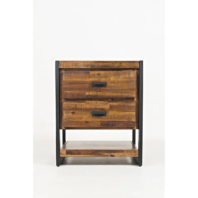 Wooden Nightstand with Two Drawers and Side Bottom Shelf, Brown and Black