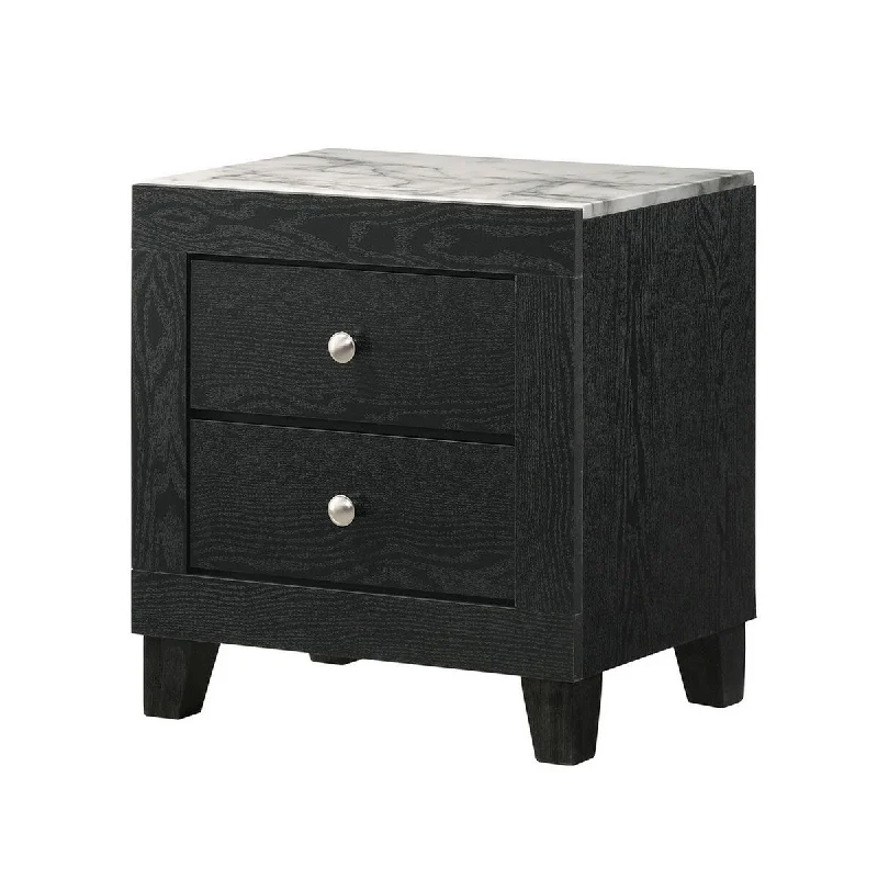 Yoh 23 Inch 2 Drawer Nightstand, White Marble Top, Metal Knobs, Black