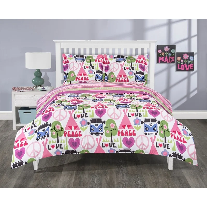 3 Piece Reversible Hippie Love Mini Comforter Set