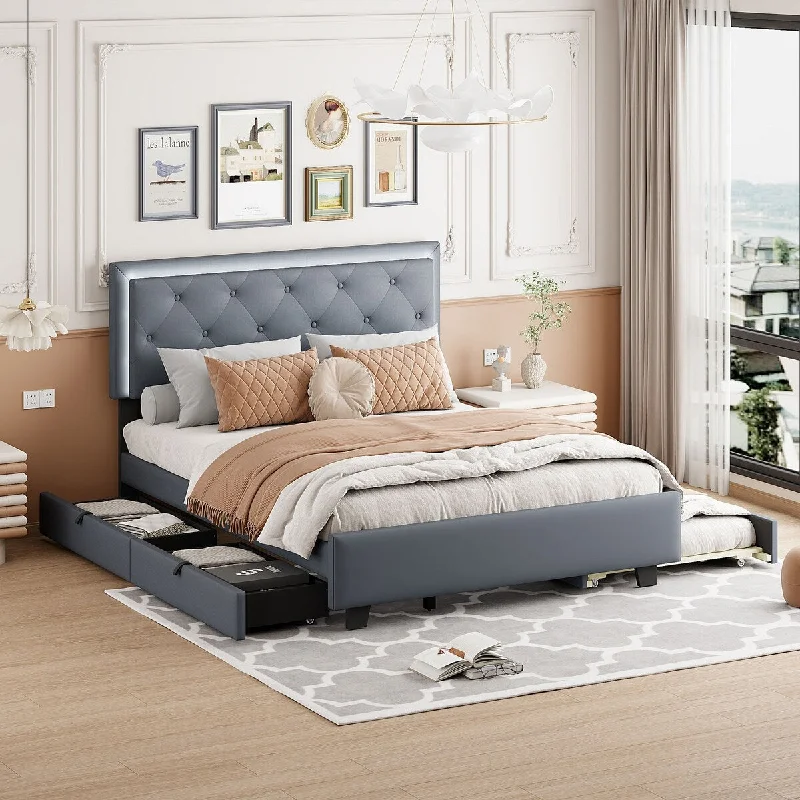 All-in-one Space Saving Bed Underbed Storage Platform Bed with 2 Drawers, Trundle, Light Strip Wingback Tufted Headboard Frame