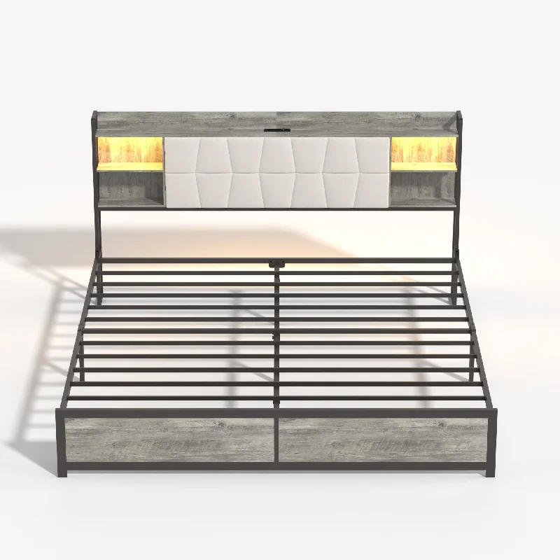 Bed Frame with LED Light & Power Outlet, Platform Bed with Upholstered Headboard and Storage