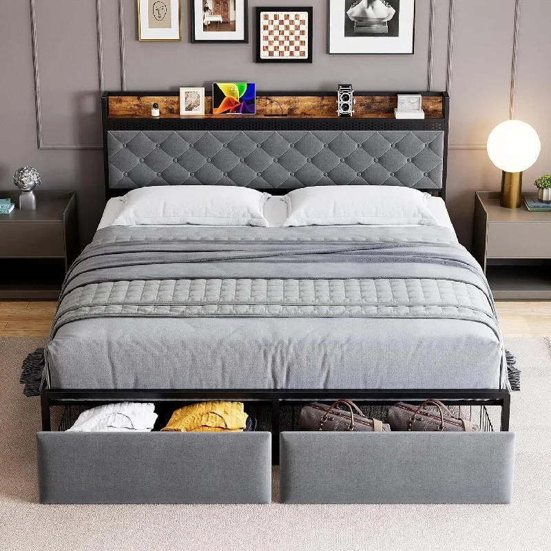 Bed Frame with Storage Headboard and 2 Drawers