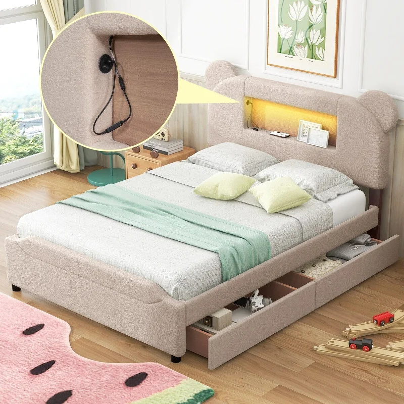 Beige Full Size Upholstered Storage Platform Bed with Cartoon Ears Headboard and LED Lighting