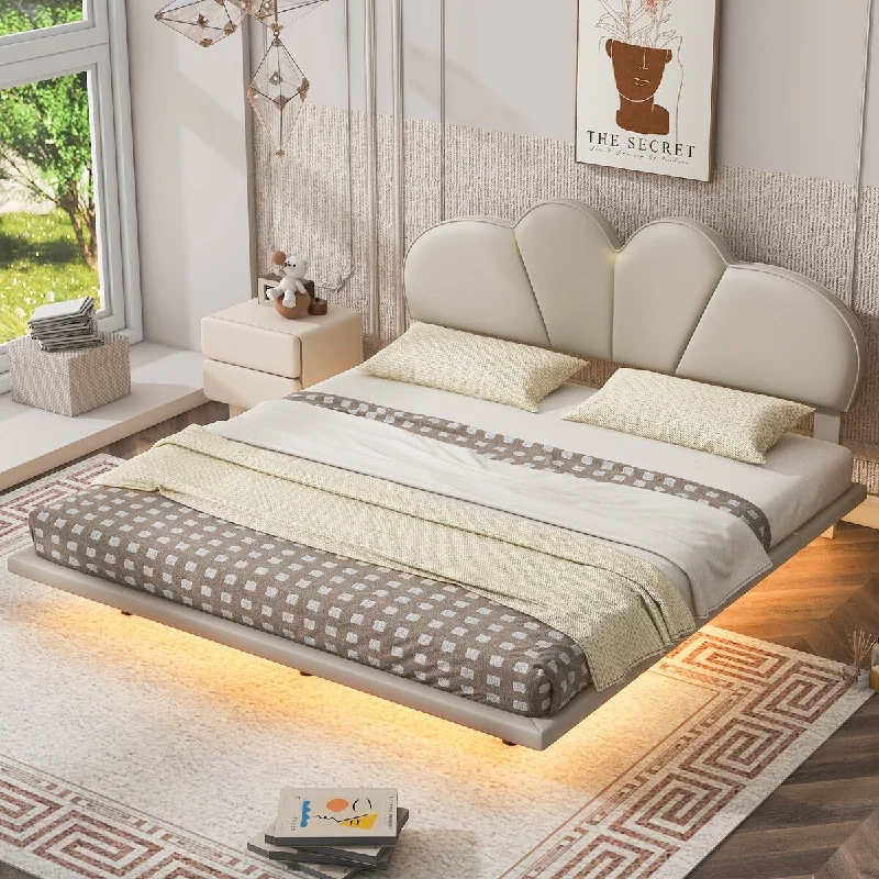 Beige Queen Size/ Upholstery LED Floating Bed with PU Leather Headboard and Support Legs, /Green