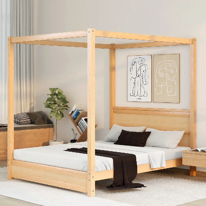 Beige Queen SizeModern Canopy / Platform Bed with Stylish Headboard and Support Legs