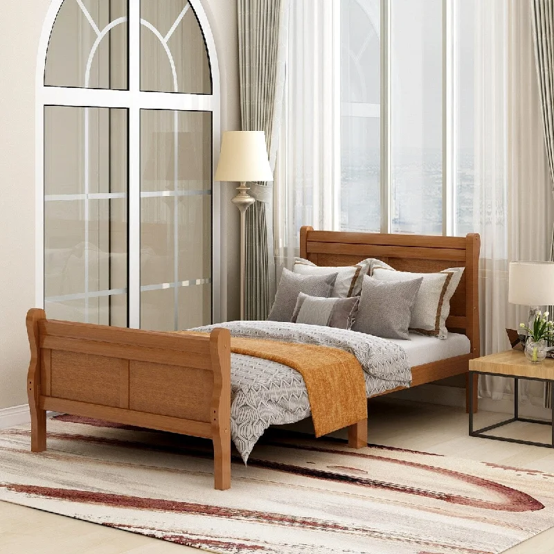 Beige Twin SizeSolid Wood Platform Bed Frame with Sleigh Headboard & Footboard - Features Minimalist Design for Modern Appeal