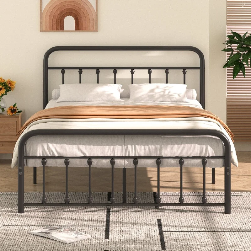 Black Metal Bed Frame with Vintage Headboard and Footboard,No Box Spring Needed,Premium Stable Steel Slat Support,Black