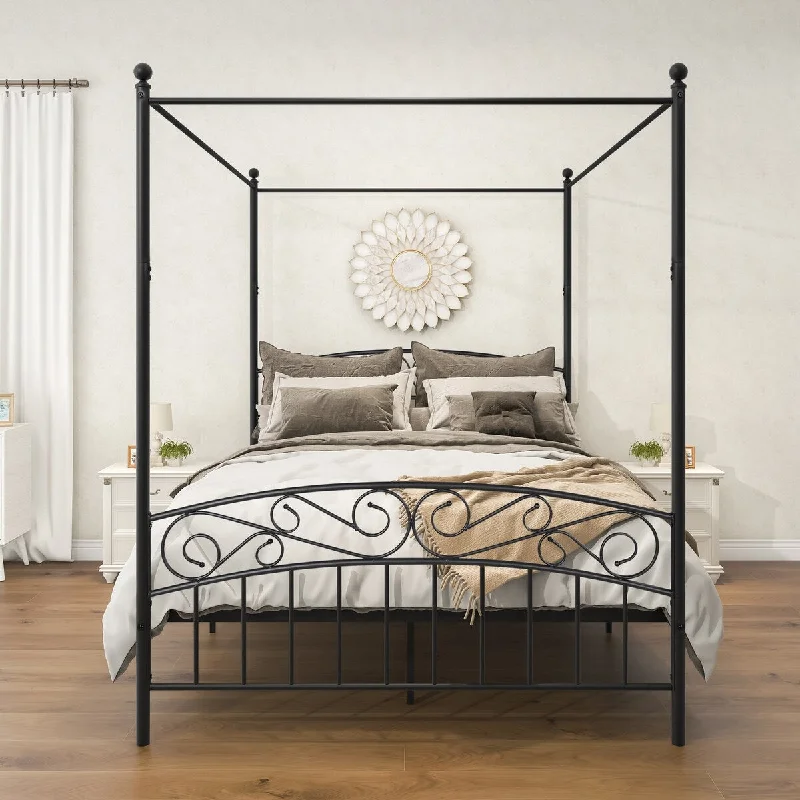 Black Queen Size Metal Canopy Bed Frame with Vintage-Inspired Headboard and Footboard