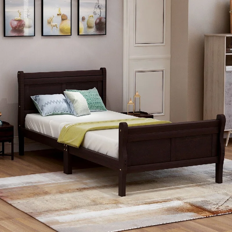 Black Twin SizeSolid Wood Platform Bed Frame with Sleigh Headboard & Footboard - Minimalist Design