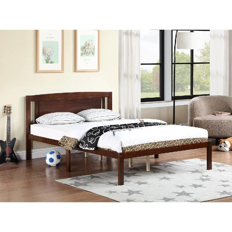 Brown Full Size Wood Platform Bed Frame with Headboard - Dark Walnut/ Finish