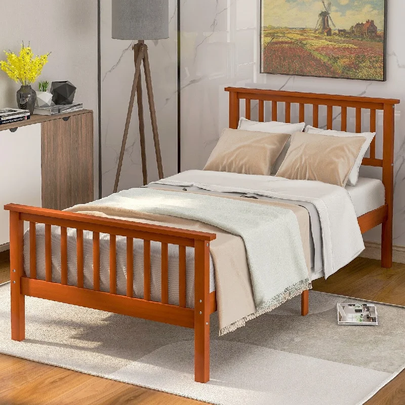 Brown Twin SizeSolid Pine Wood Platform Bed with Headboard and Footboard, Providing Reliable Support and Easy Assembly