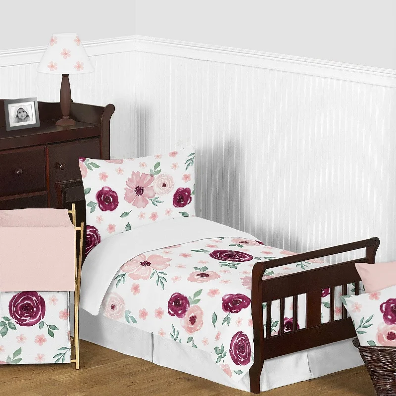 Burgundy and Pink Watercolor Floral Girl 5pc Toddler Comforter Set - Blush Maroon Wine Rose Green Shabby Chic Flower Farmhouse