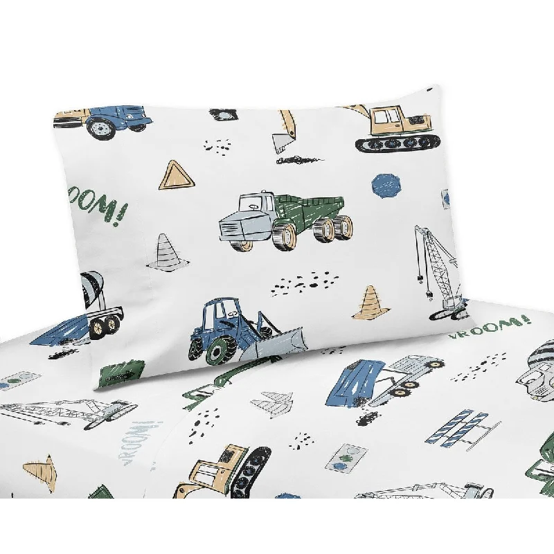 Construction Truck Collection 4-piece Queen Sheet Set - Grey Yellow Black Blue and Green Transportation