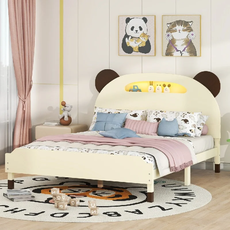 Cream Full Size Pine Wood Bear-shaped Headboard Platform Bed with Motion-Activated Night Lights, Durable Construction