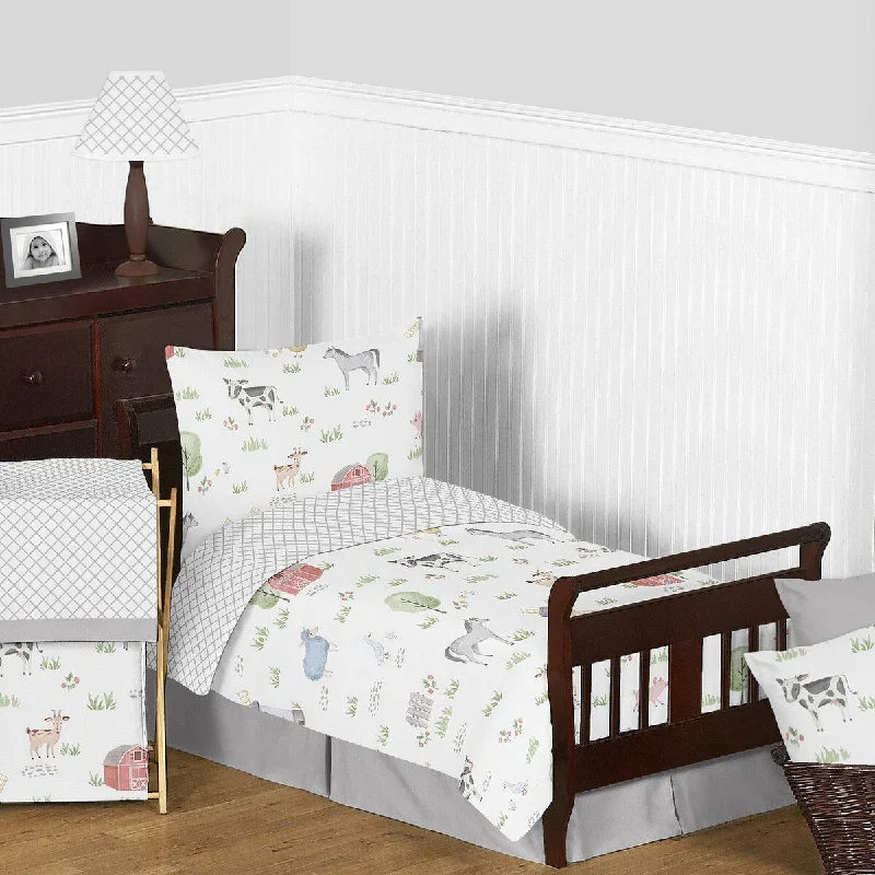 Farm Animals Collection Boy Girl 5-piece Toddler-size Comforter Set - Watercolor Farmhouse Lattice Horse Cow Sheep Pig