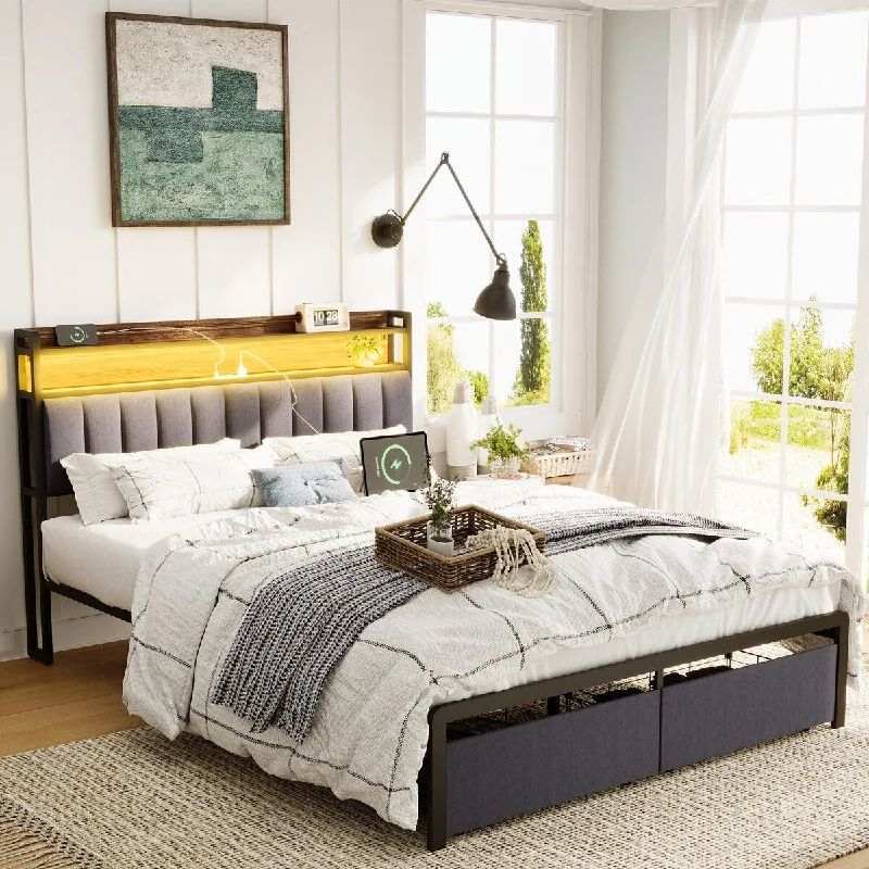 Full Bed Frames with Storage Headboard and Drawers, LED Platform Bed Frame Full Size