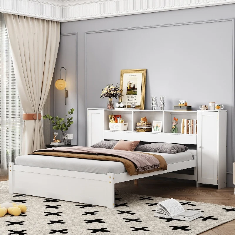 Full Size Platform Bed with Storage Headboard and Lockers