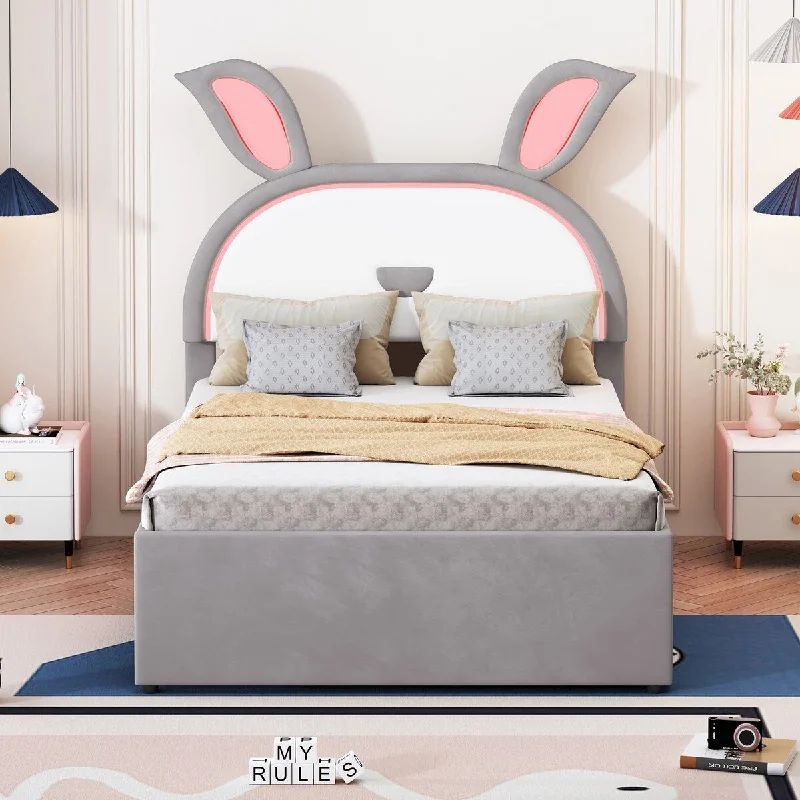 Full Size Upholstered Platform Bed with Trundle and 3 Drawers, Rabbit-Shaped Headboard with Embedded LED Lights, Gray