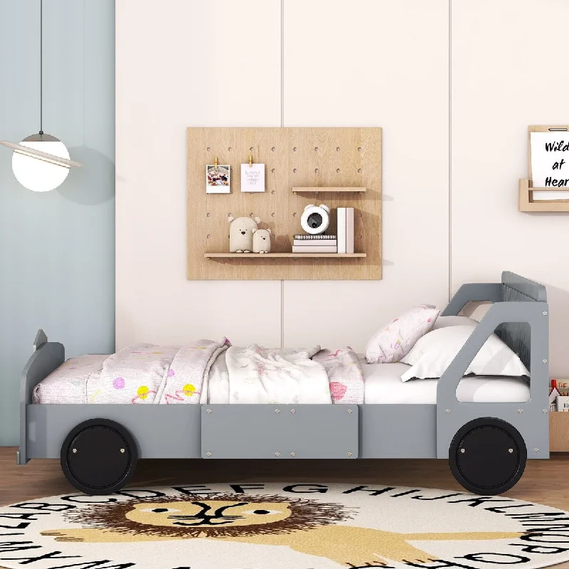 Gray Full Car Platform Bed with Headboard and Rails