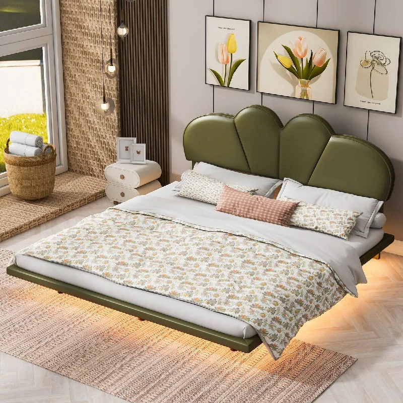 Green Queen Size/ Upholstery LED Floating Bed with PU Leather Headboard and Support Legs, /Green