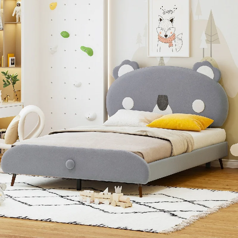 Grey Full Size Upholstered Bed with Whimsical Animal Headboard for Playful Bedroom Decor