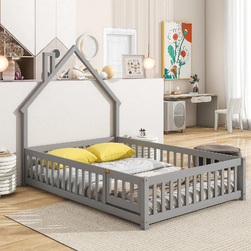 Grey Full Size Wood House Bed, Floor Bed with Shaped Headboard and Fence