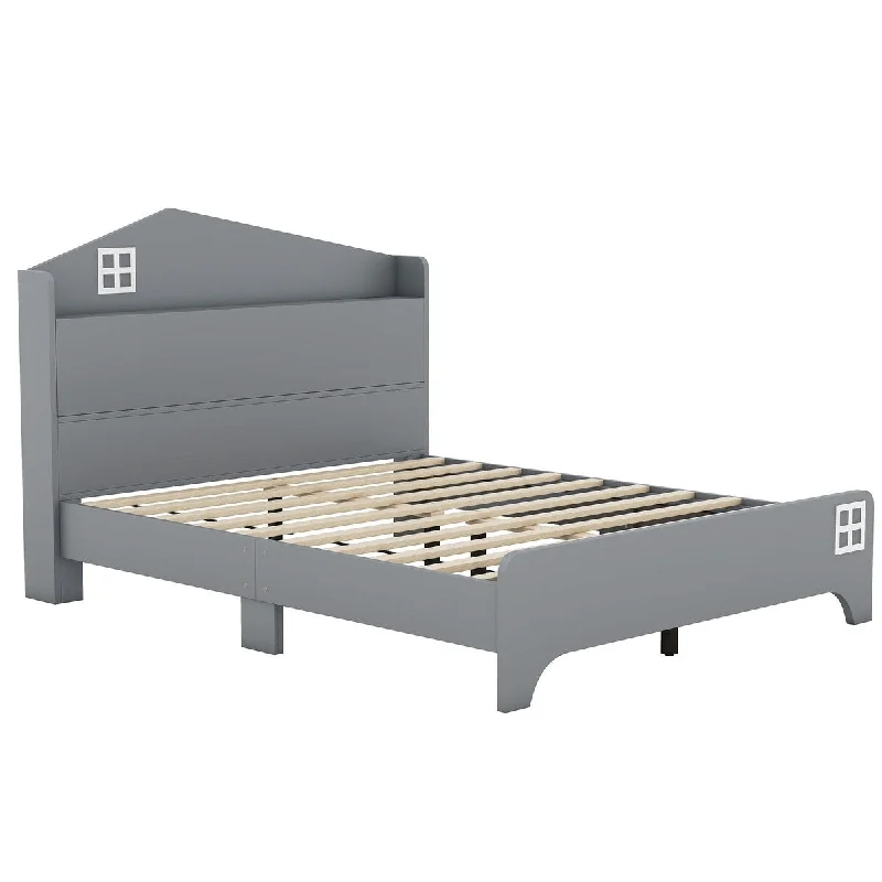 Grey Full SizeWooden / House Bed with Built-In Storage Headboard for Children, Crafted from Sturdy Plywood and Particle Board