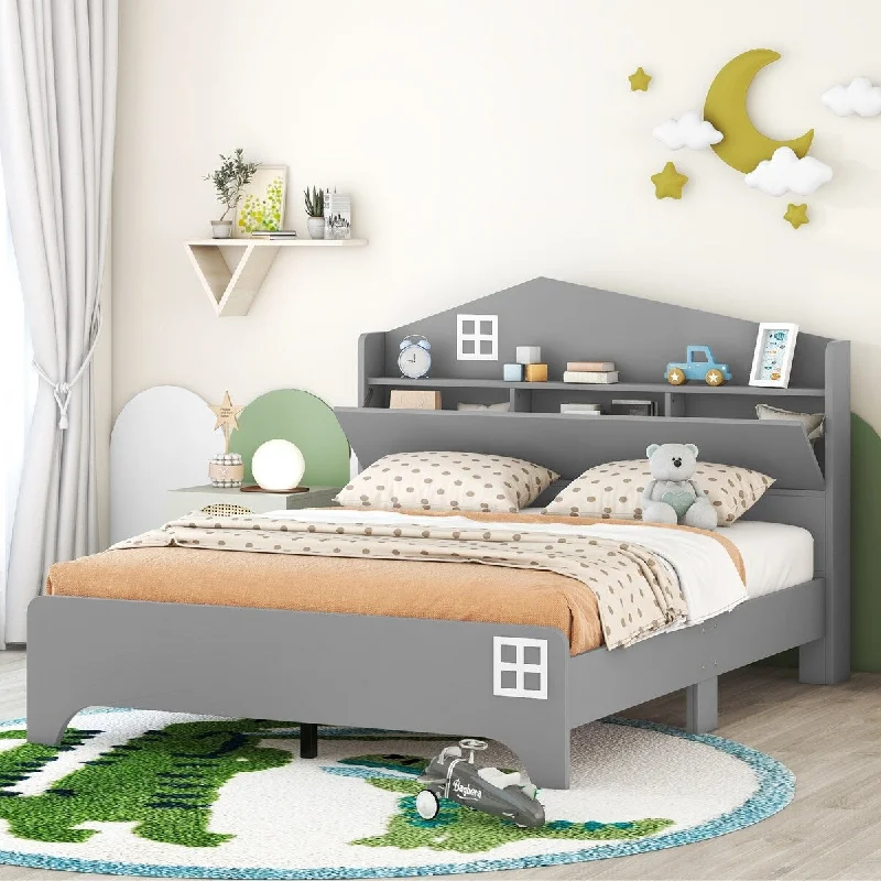 Grey Full SizeWooden / House Bed with Storage Headboard for Kids, Sturdy Plywood and Particle Board Construction