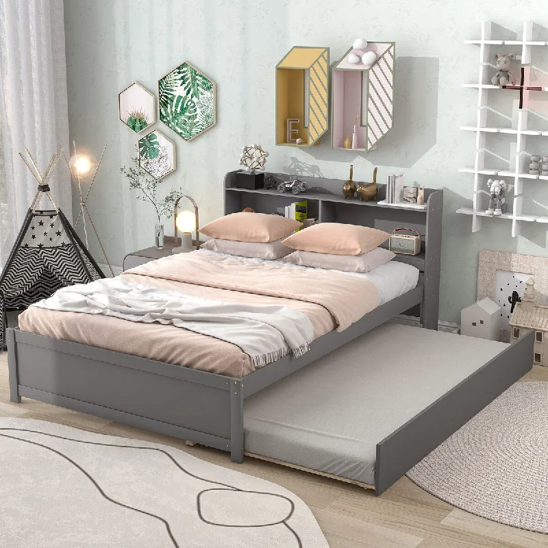 Grey Twin Size Solid Wood Platform Bed with Trundle and Headboard Storage