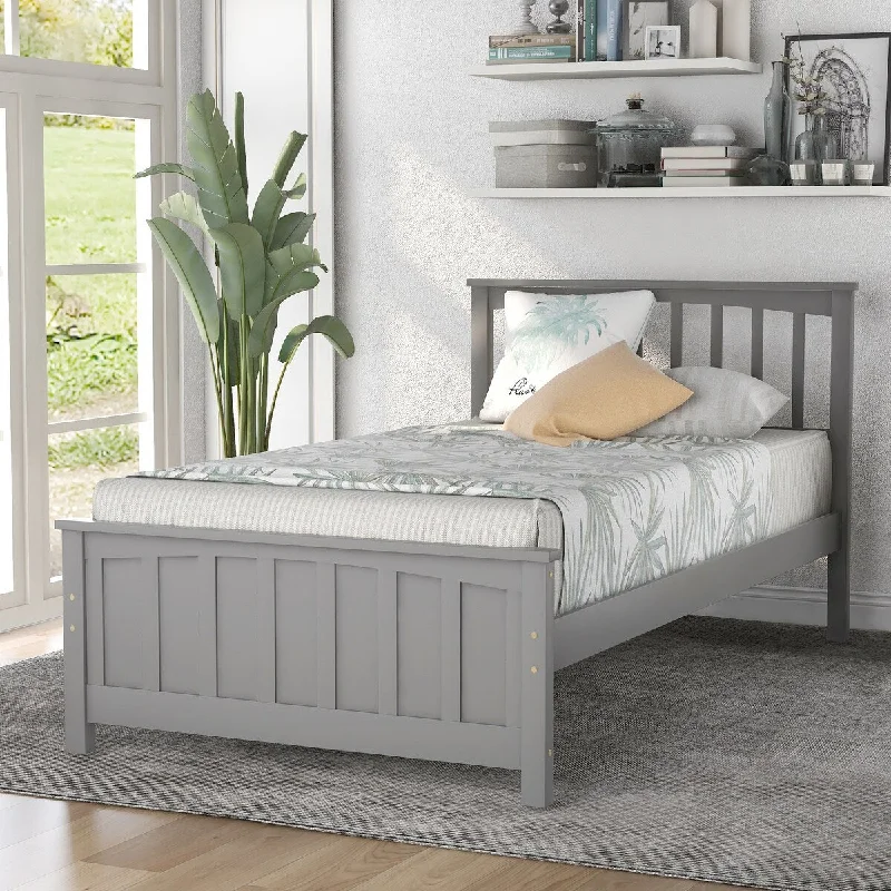 Grey Twin SizeClassic Wood Platform Bed with Headboard and Footboard - / Finish