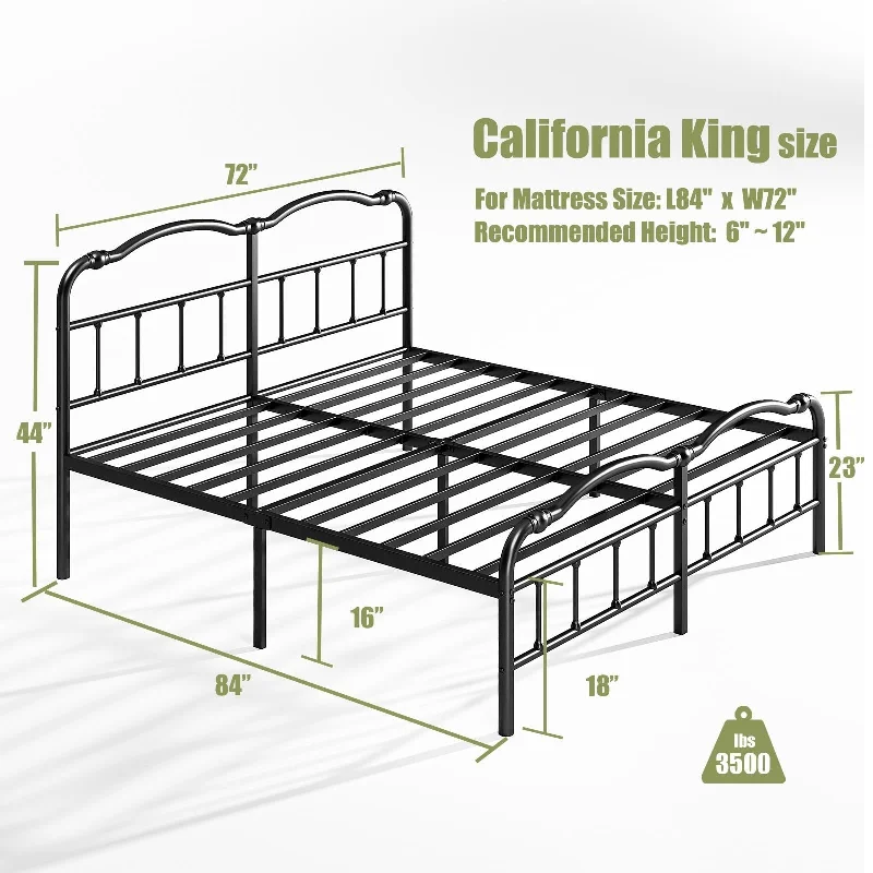 Heavy Duty Anti-sway 18in High Steel Tube Iron Bed,Double Wave Headboard and Footboard