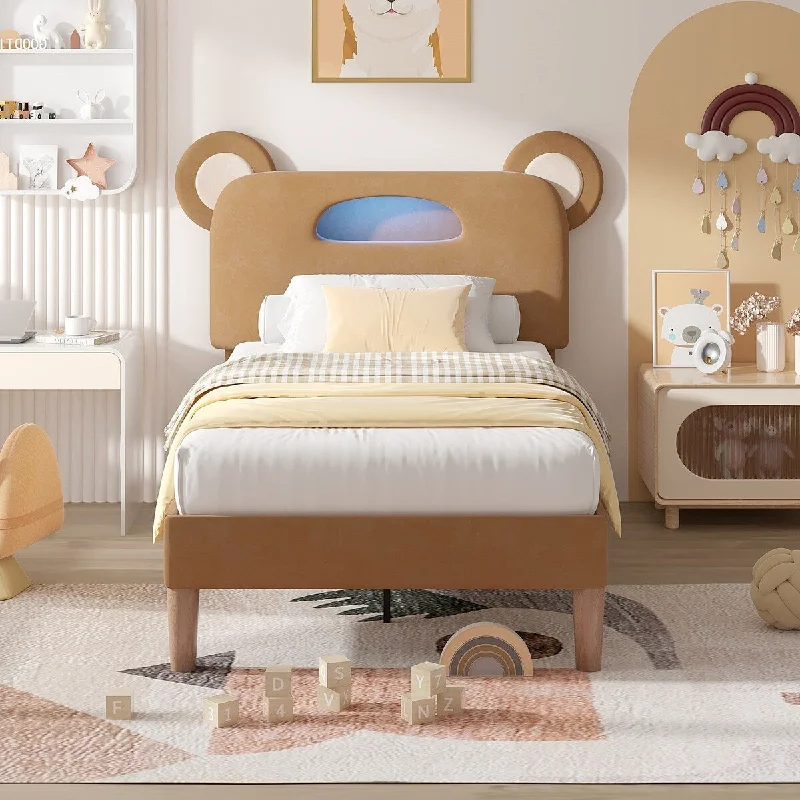 Javlergo Twin Size Upholstered Platform Bed Frame with Bear Ears Headboard and Light for Kids Boys Girls, No Box Spring Needed