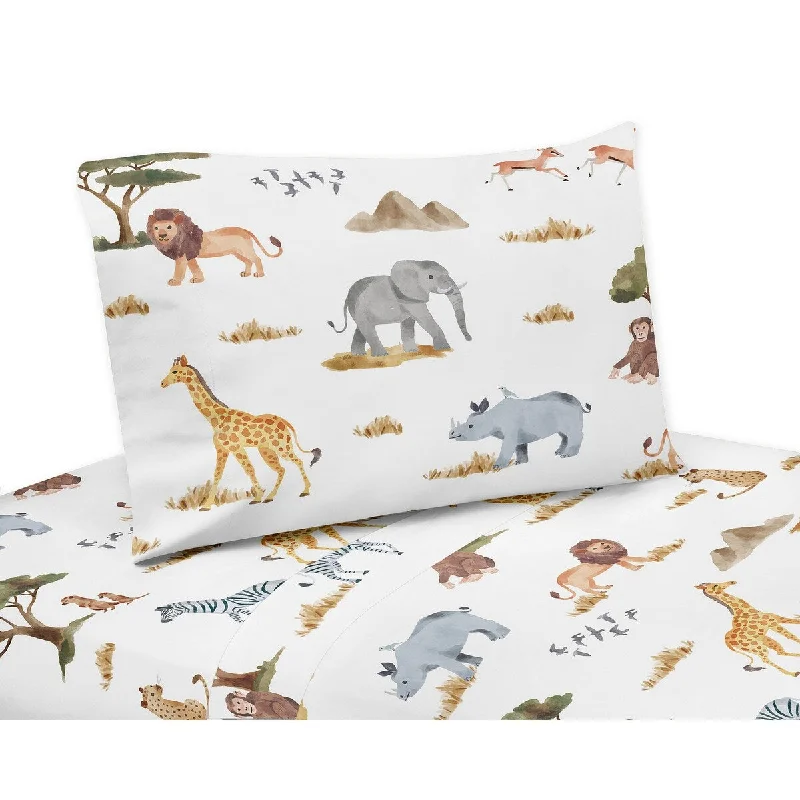 Jungle Animals 4pc Queen Sheet Set Hunter Green Yellow Grey Black and White Safari Elephant Giraffe Lion Monkey Leopard Cheetah