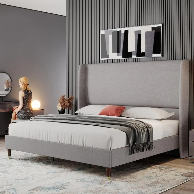 King Platform Bed Frame 51.2" Tall Headboard Upholstered Bed with Wingback/No Box Spring Required/Wood Slat Support